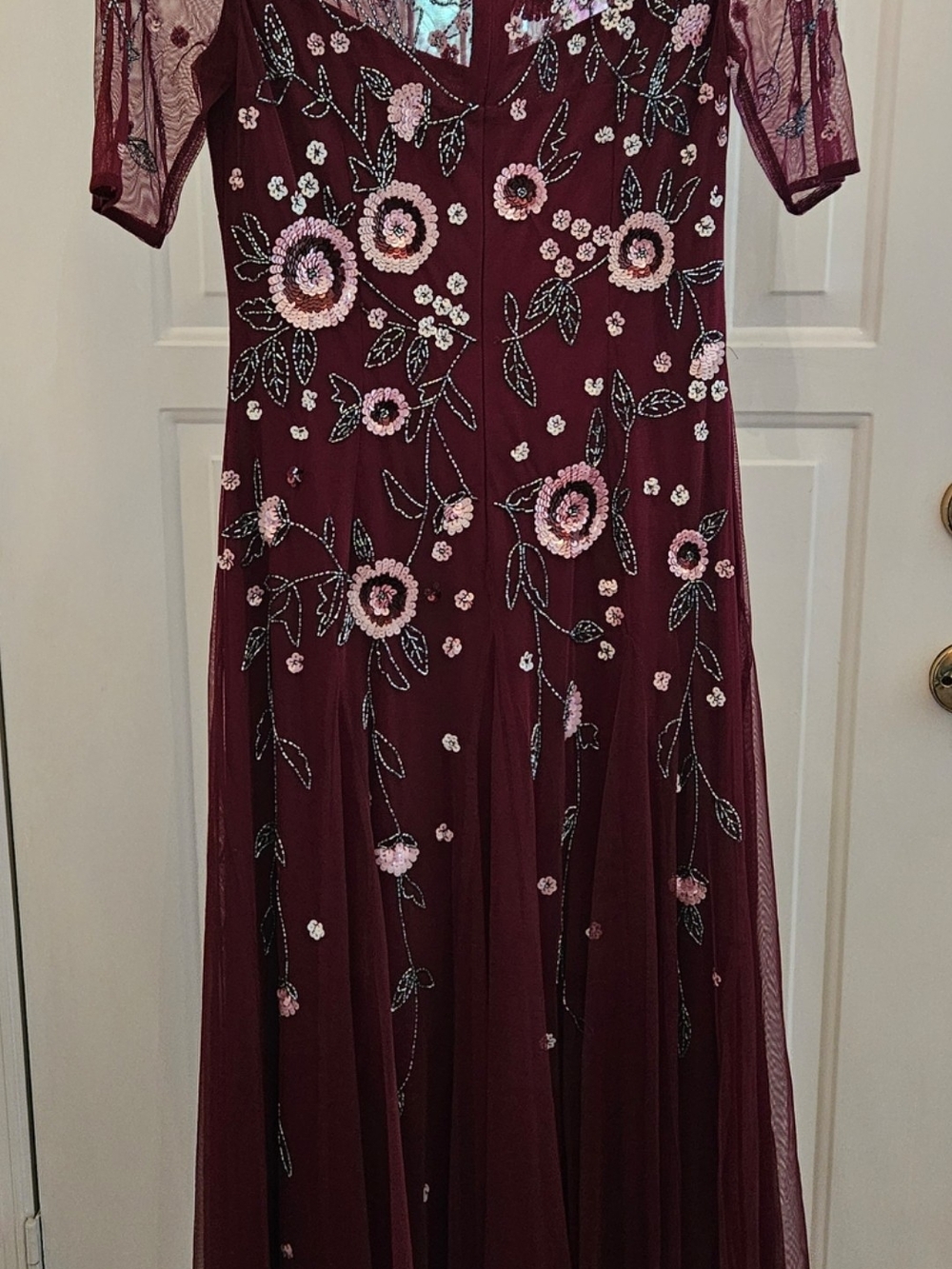 Adrianna Papell Burgundy Embroidered Floral Maxi Dress